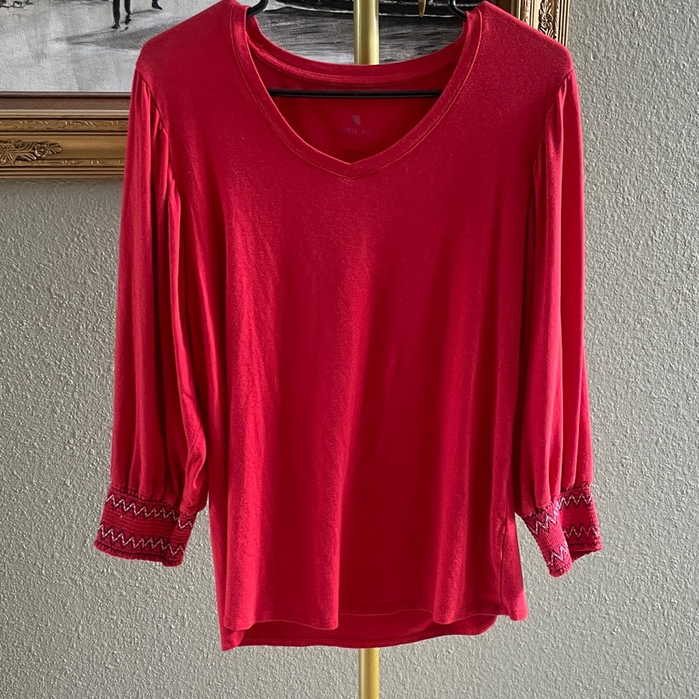 Laurie Felt Red V-Neck Long Sleeve Top with Embroidered Cuffs